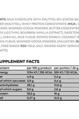 Nanosupps Protein Snap nutrition label highlighting ingredients and supplement facts for the chocolate protein bar.