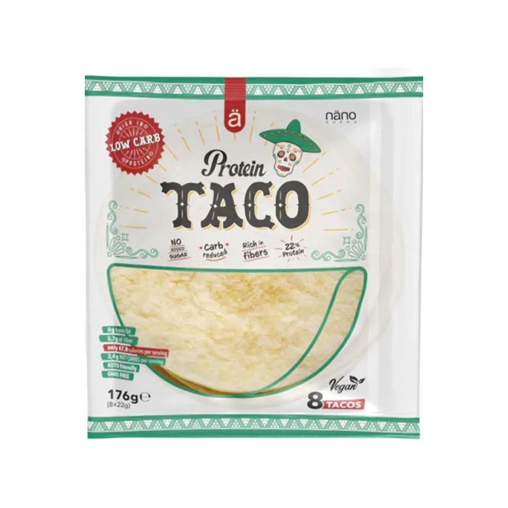 NanoSupps Protein Taco package showcasing 176g of high-protein, low-carb vegan tacos.