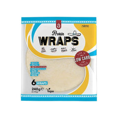 NanoSupps Protein Wraps packaging featuring low carb, high protein wheat flour tortillas, vegan, 240g.