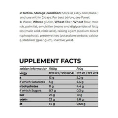 Nutrition facts and storage information for NanoSupps Protein Wrap made from wheat flour, highlighting calories and protein content.