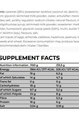 Nanosupps Softy Protein Bar supplement facts including calories, protein, fat, and fiber content.
