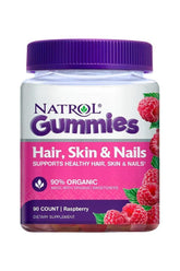 Natrol Hair, Skin & Nails Gummies in raspberry flavor, 90 count, supports healthy hair, skin, and nails.