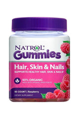 Natrol Hair, Skin & Nails Gummies in raspberry flavor, 90 count, supports healthy hair, skin, and nails.