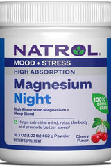 Natrol High Absorption Magnesium Night powder jar for improved sleep and relaxation, cherry flavor.
