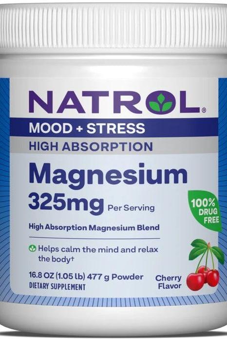 Natrol High Absorption Magnesium Powder, 325mg, Cherry Flavor, supports relaxation and relieves stress.