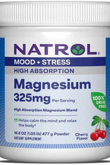 Natrol High Absorption Magnesium Powder, 325mg, Cherry Flavor, supports relaxation and relieves stress.