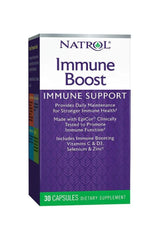 Natrol Immune Boost dietary supplement box with 30 capsules for immune health support.