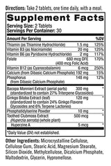 Natrol Memory Complex supplement facts label detailing nutrients and serving information for 60 tablets.