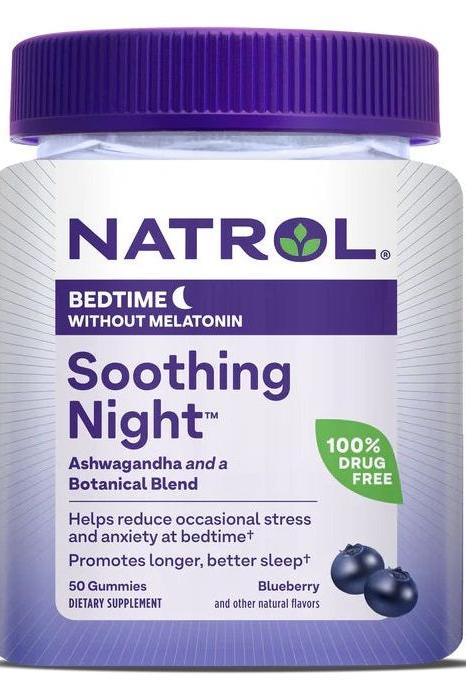 Natrol Soothing Night Blueberry gummies in a jar, promotes relaxation and better sleep with natural ingredients.