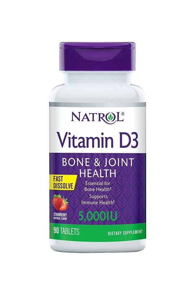 Natrol Vitamin D3 5000 IU tablets for bone and joint health, fast dissolve, strawberry flavor, 90 chewables.