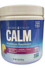 Natural Vitality Calm magnesium supplement in raspberry-lemon flavor, promoting stress relief and muscle relaxation.