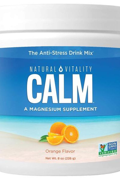 Natural Vitality Calm magnesium supplement in orange flavor for stress relief and muscle balance.