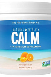 Natural Vitality Calm magnesium supplement in orange flavor for stress relief and muscle balance.