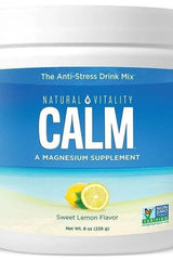 Natural Vitality Calm magnesium supplement in sweet lemon flavor for stress relief and muscle balance.