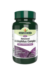 Natures Aid Acidophilus Complex with 5 billion bacteria in 60 vegan capsules for gut health support.