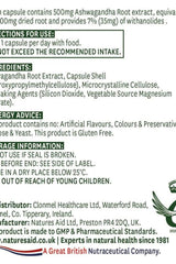 Natures Aid Ashwagandha 30 Capsules supplement label with usage instructions and ingredients.