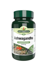Natures Aid Ashwagandha capsules bottle, 30 capsules, promoting immune support and stress relief.