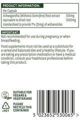 Product information label for Natures Aid Ashwagandha capsules, detailing ingredients and usage warnings.