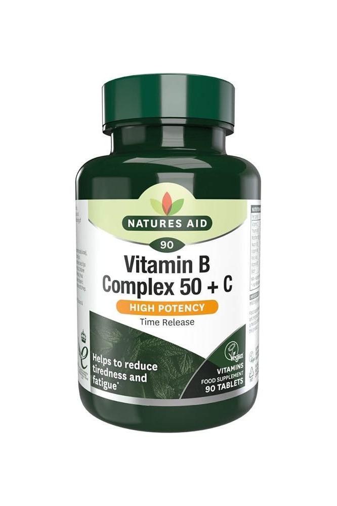 Natures Aid B-50 Complex + C supplement bottle with 90 tablets for wellness and energy support.