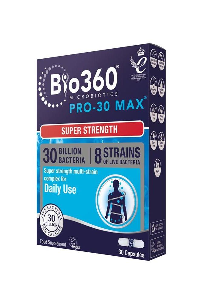 Natures Aid Bio360 Pro-30 MAX supplement box with 30 billion bacteria and 8 strains in 30 capsules.