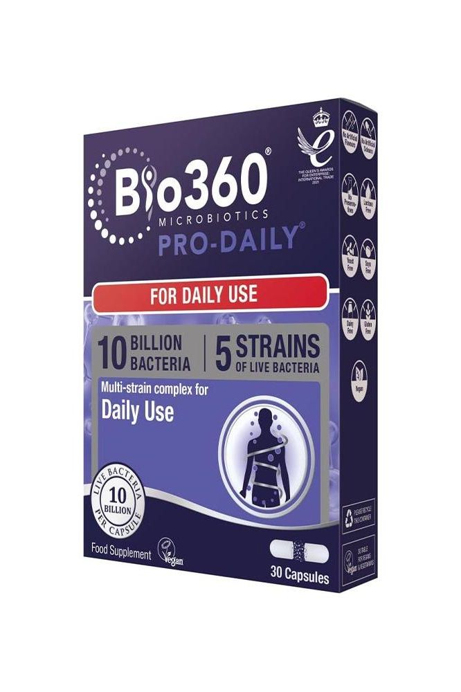 Natures Aid Bio360 Pro-Daily probiotic supplement package with 10 billion bacteria, 30 capsules for daily use.