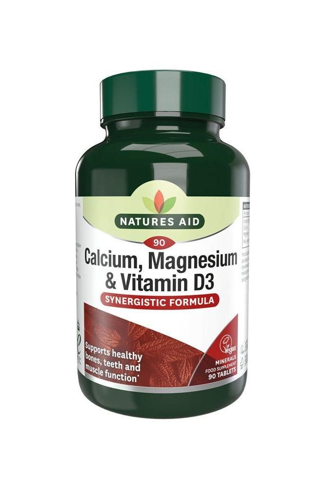 Natures Aid Calcium, Magnesium & Vitamin D3 supplement for bone health – 90 tablets for muscle function support.