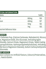 Nutrition information for Natures Aid Calcium, Magnesium + Vitamin D3 tablets, including ingredients and nutrient values.