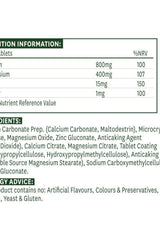 Nutrition information for Natures Aid Calcium, Magnesium + Zinc tablets, including ingredients and nutrient values.