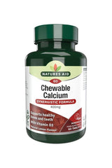 Natures Aid Chewable Calcium 400mg with Vitamin D, 60 tablets, supports healthy bones and teeth, lemon flavor.