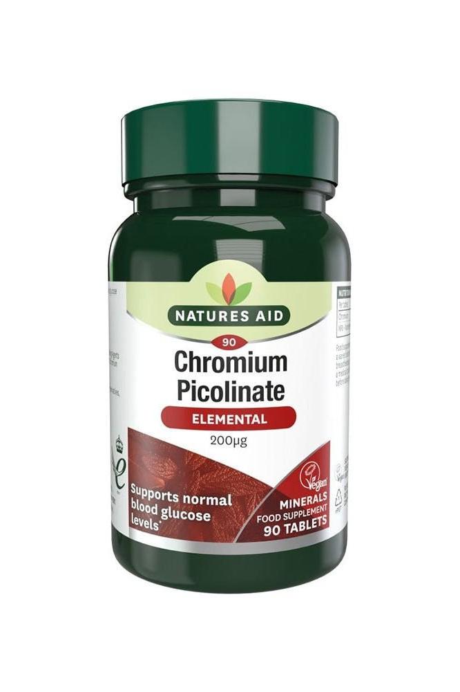 Natures Aid Chromium Picolinate 200 mcg supplement bottle, 90 vegan tablets for blood glucose support.