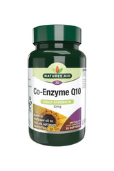 Natures Aid Co-Enzyme Q10 30mg supplement bottle, supports heart health and energy production, 30 softgels.
