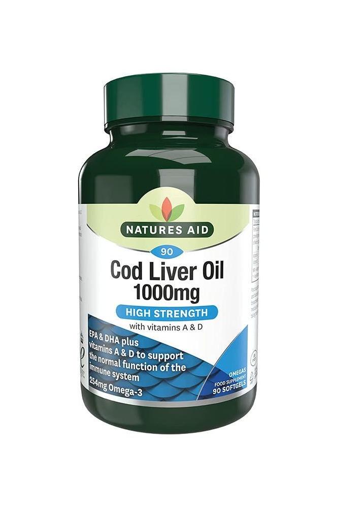 Natures Aid Cod Liver Oil 1000 mg bottle, 90 softgels, rich in vitamins A, D, and omega-3 fatty acids for immune support.