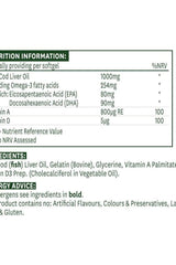 Nutrition information for Natures Aid Cod Liver Oil 1000 mg softgels, detailing vitamins A, D, and omega-3 fatty acids.