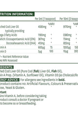 Nutrition information for Natures Aid Cod Liver Oil, detailing omega-3 content, vitamins A and D, and serving sizes.