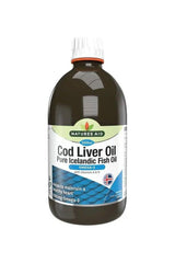 Natures Aid Cod Liver Oil 500ml bottle, rich in omega-3, vitamins A and D, supporting heart and brain health.