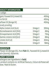 Product information for Natures Aid Complete EFA softgels, including Omega 3, 6, 9 content and ingredients list.