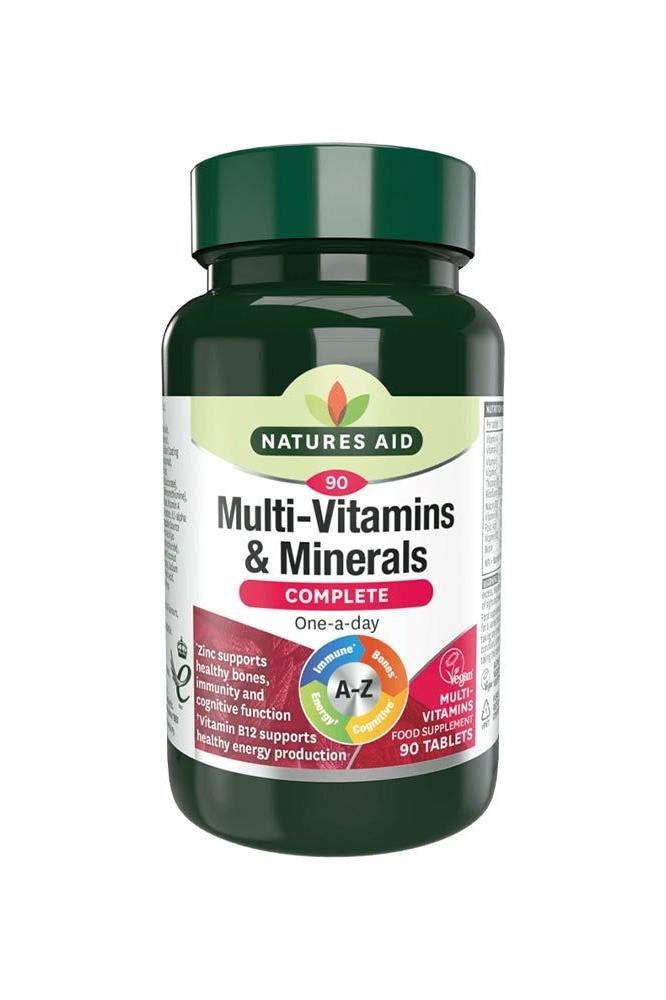 Natures Aid Complete Multi-Vitamins & Minerals in a green bottle with 90 tablets for daily health support.