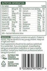 Nutrition label for Natures Aid Complete Multi-Vitamins and Minerals, detailing vitamins, minerals, and dietary information.