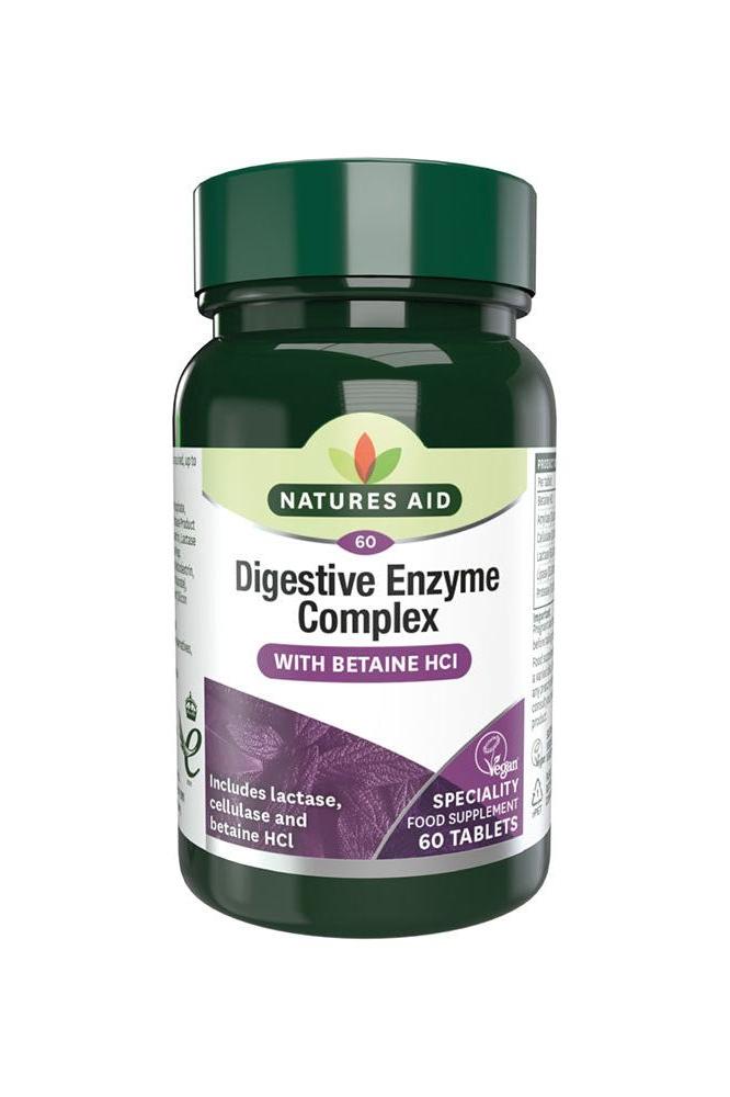 Natures Aid Digestive Enzyme Complex 60 Tablets with Betaine HCl for enhanced digestion and vegan-friendly ingredients.