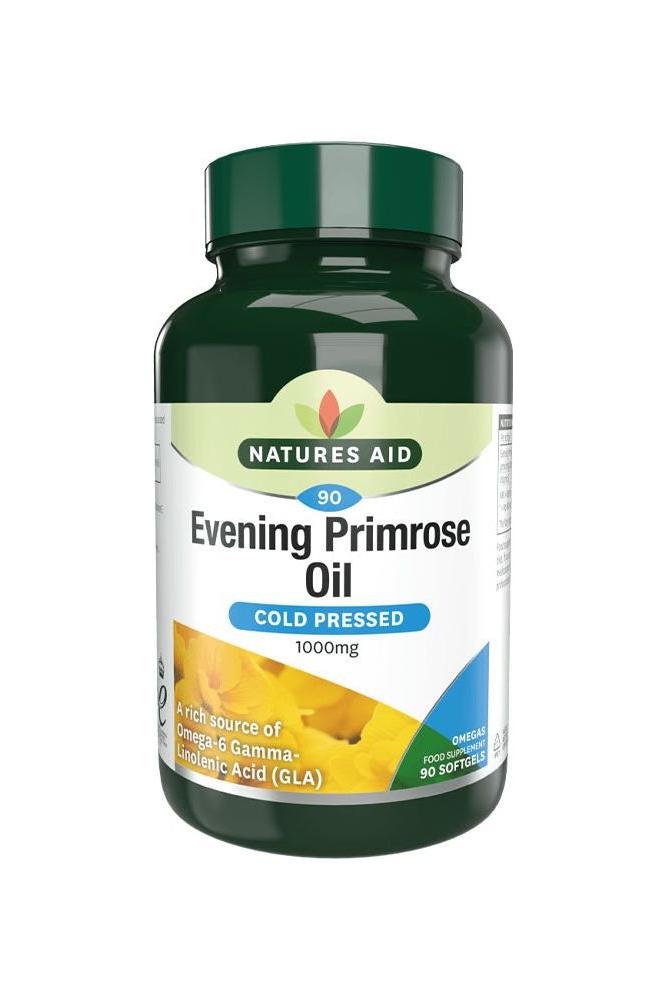 Natures Aid Evening Primrose Oil 1000 mg supplement bottle with 90 softgels, a source of essential fatty acid GLA.