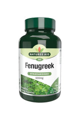 Natures Aid Fenugreek 500mg capsules, 90 count bottle, supports digestion and immune health.