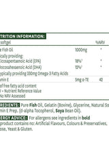 Nutrition information for Natures Aid Fish Oil 1000 mg softgels, highlighting EPA, DHA, and omega-3 fatty acids.