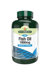 Natures Aid Fish Oil 1000mg softgels, supports heart and brain function, omega-3 rich, 180 softgel bottle.