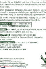 Natures Aid Fish Oil 1000mg softgel label detailing ingredients, benefits, usage, and information on EPA and DHA content.