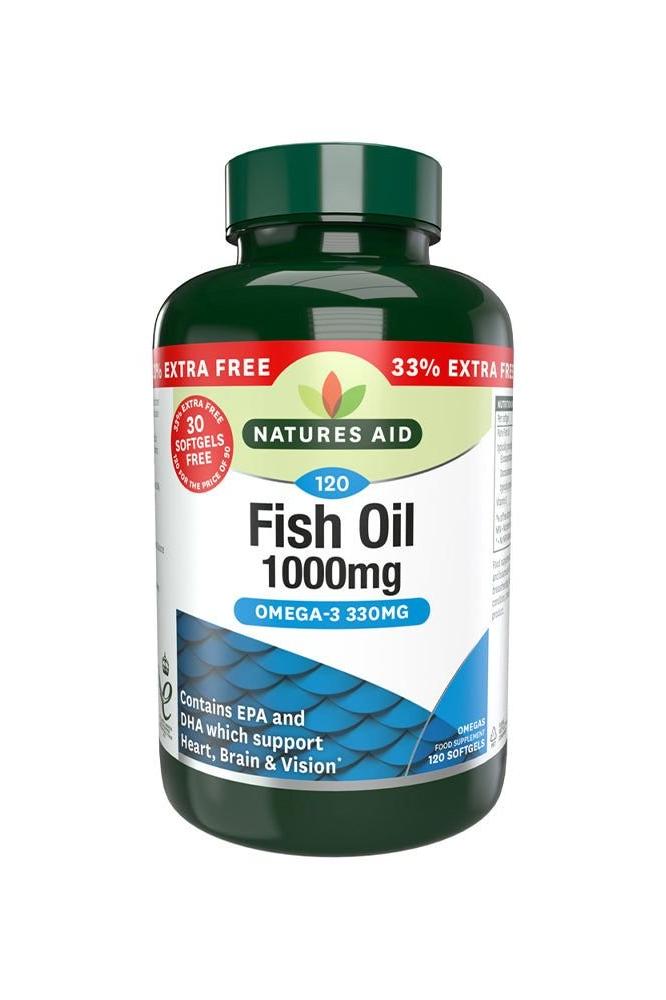 Natures Aid Fish Oil 1000mg bottle with 120 softgels, supports heart, brain, and vision health, Omega-3 rich.