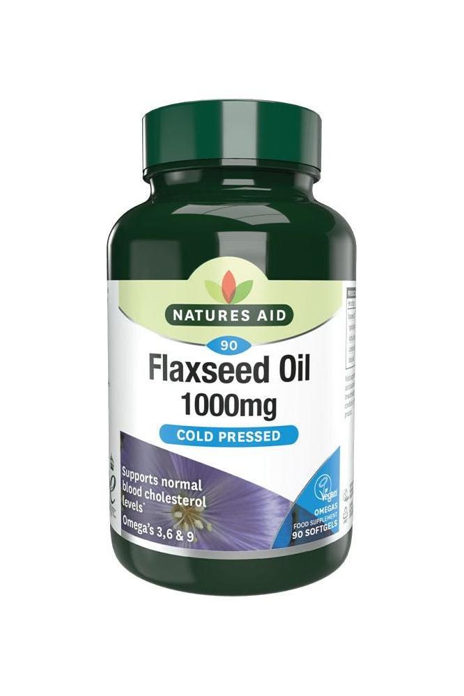Natures Aid Flaxseed Oil 1000mg bottle, 90 softgels, supports normal cholesterol levels, cold pressed.