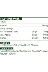 Supplement facts for Natures Aid Flaxseed Oil 1000 mg softgels, showing ingredients and nutrient content.