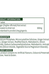 Product information for Natures Aid Ginger Root 500 mg tablets, including ingredients and dosage details.