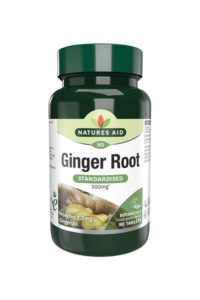 Natures Aid Ginger Root 500 mg supplement bottle, 90 tablets for nausea relief and digestive support.