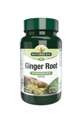 Natures Aid Ginger Root 500 mg supplement bottle, 90 tablets for nausea relief and digestive support.
